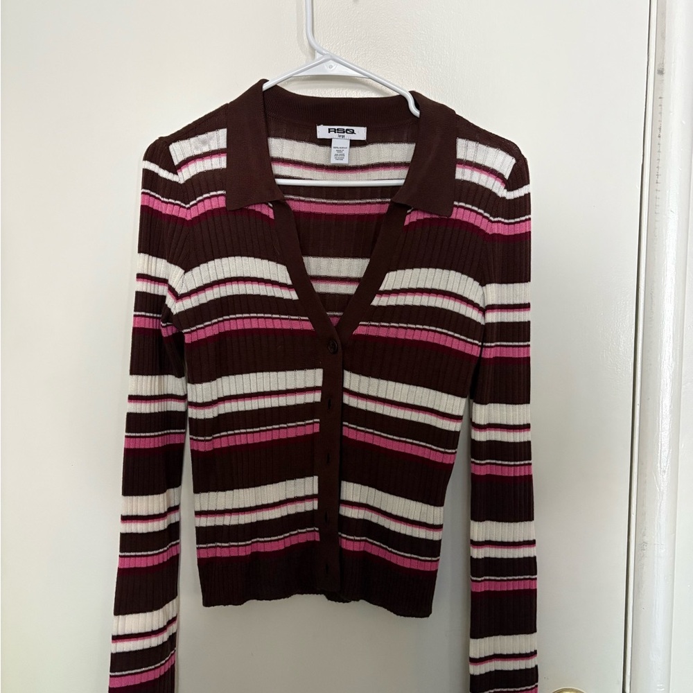 RSQ Women's Striped Cardigan - Brown, Pink, and White